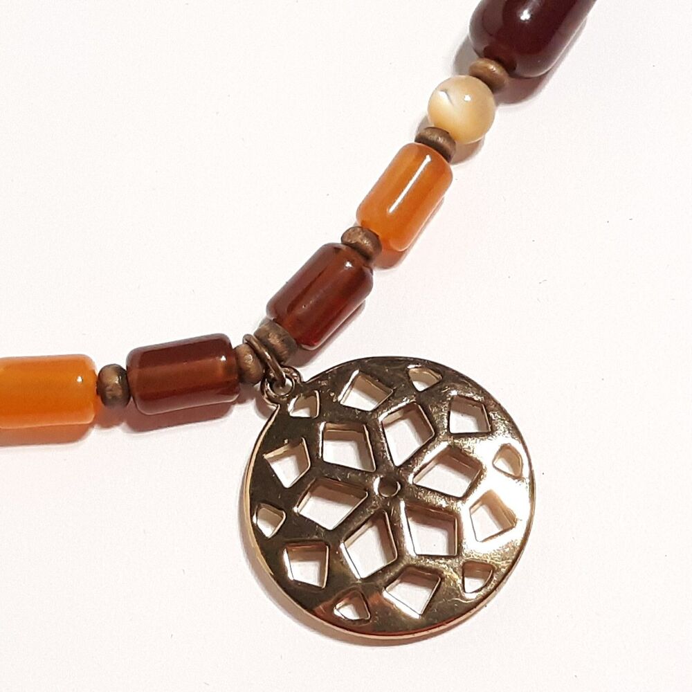 Boho Hippie Gold Tone Pendant Necklace Orange Brown Nature Natural Beaded Beads
